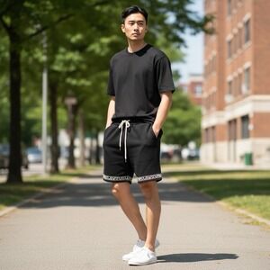 Young LA Men's M Heavyweight Knit Sweat Shorts Black White Logo EUC Inseam 6.5"